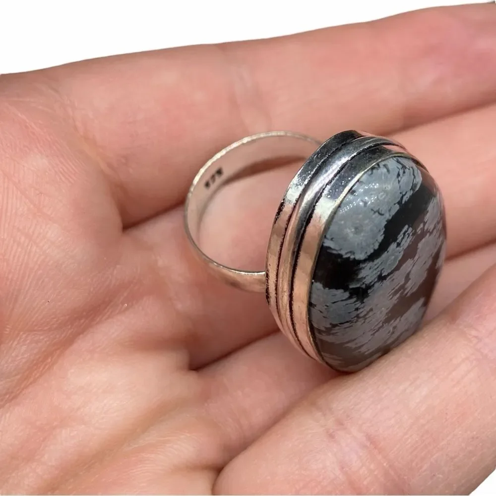 Snowflake Obsidian Ring Size 7 925 Sterling Silver Overlay Black Oval Chunky